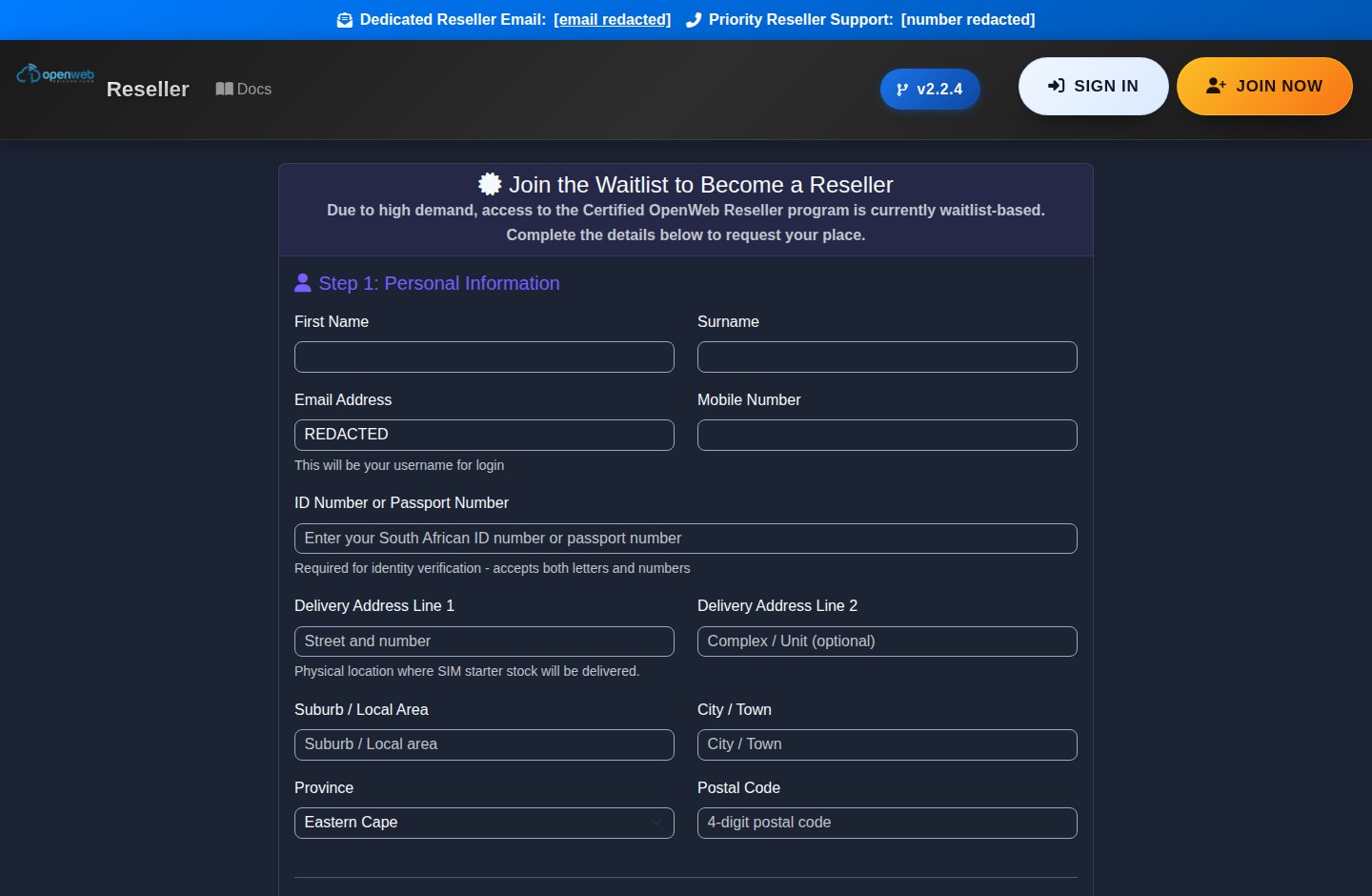 Current OpenWeb reseller panel screenshot: Waitlist registration and approval journey